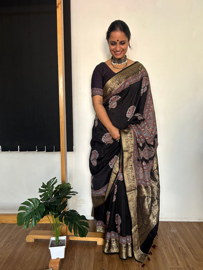 KETKI:HANDBLOCK AJRAKH DOLA SILK SAREE WITH MEENAKARI PALLU