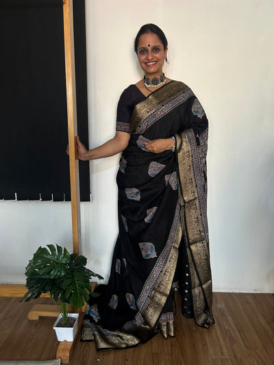 MEERA: HANDBLOCK AJRAKH DOLA SILK SAREE WITH MEENAKARI PALLU