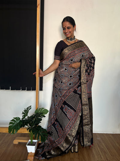 Maina:Handblock ajrakh dola silk saree with meenakari pallu