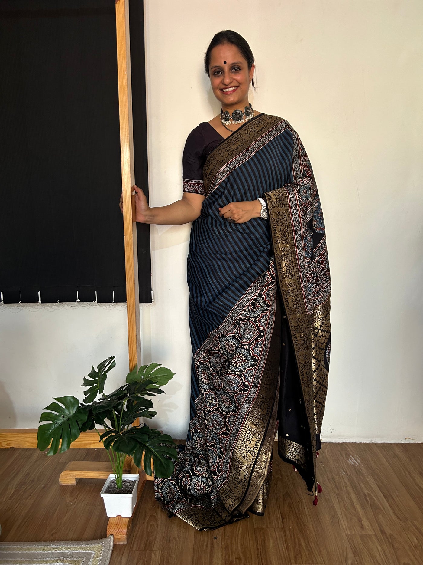 Garima:Handblock Ajrakh Dola Silk Saree with Meenakari Pallu