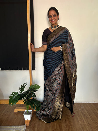 Garima:Handblock Ajrakh Dola Silk Saree with Meenakari Pallu