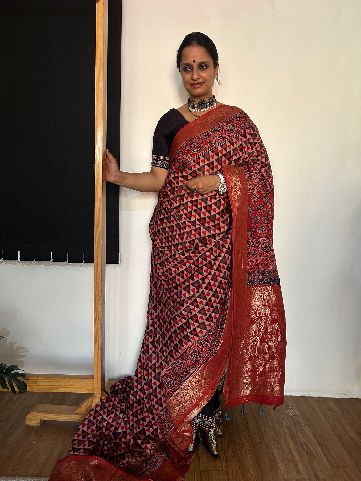 Kundan:Handblock Ajrakh Dola Silk Saree With Meenakari Pallu.