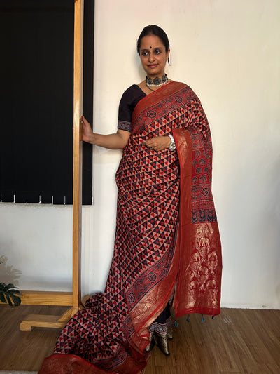 Kundan:Handblock Ajrakh Dola Silk Saree With Meenakari Pallu.