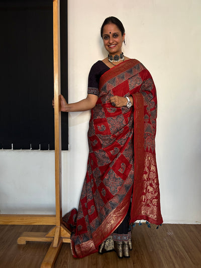 Rubina:Handblock Ajrakh Dola Silk Saree With Meenakari Pallu.