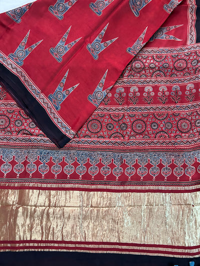 Ridhima: Handblock Modal Silk Tissue Ajrakh Saree