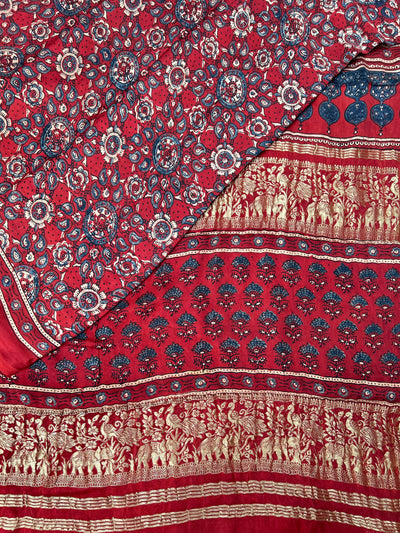 SEHNAI:Handblock Modal Silk Meenakari Ajrakh Saree