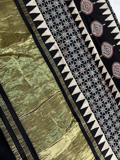 SAANJH: Handblock Modal Silk Tissue Ajrakh Saree