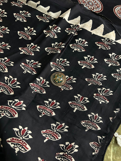 SAANJH: Handblock Modal Silk Tissue Ajrakh Saree