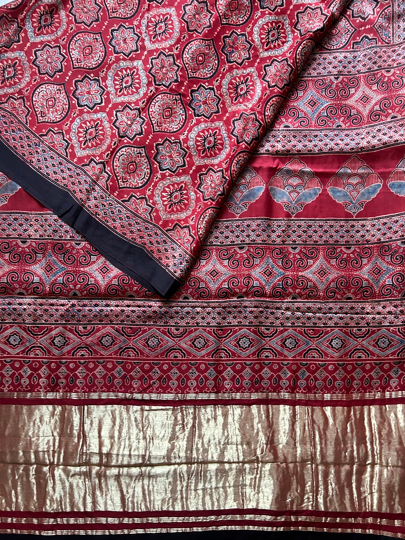 SUCHI: Handblock Modal Silk Tissue Ajrakh Saree