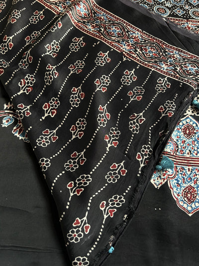 MEENAKSHI : BLACK,HANDBLOCK AJRAKH MODAL SILK SAREE