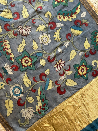 Gajra::Hand-drawn & Hand-painted Penkalamkari chanderi dupatta