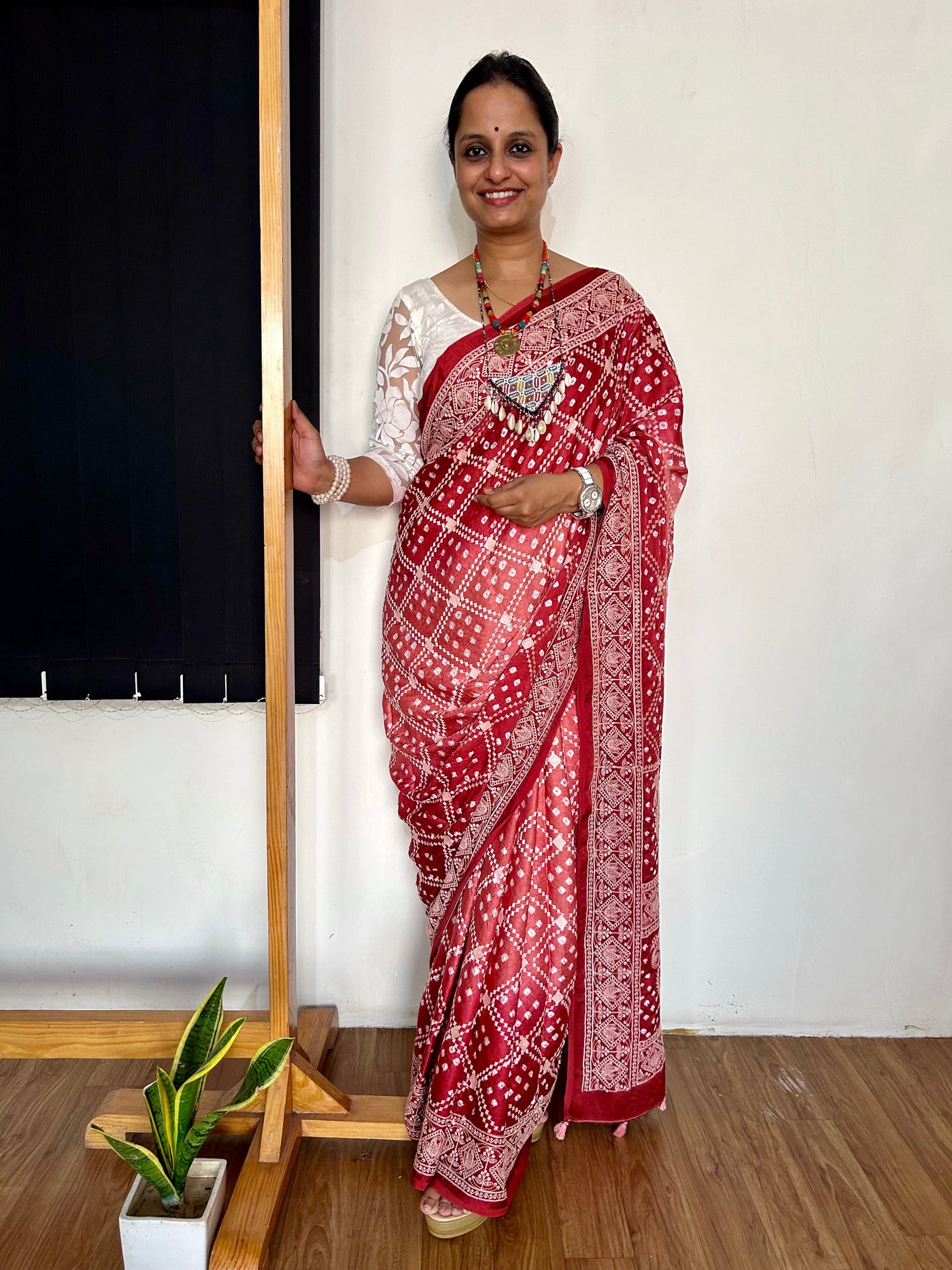 MILAN: Handmade Bandhani Modal Silk Saree With Thread Embroidery Work
