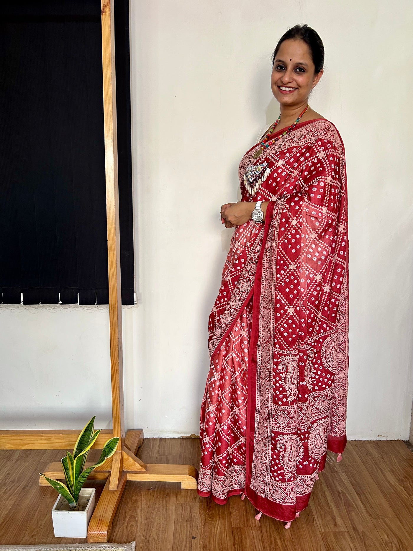 MILAN: Handmade Bandhani Modal Silk Saree With Thread Embroidery Work