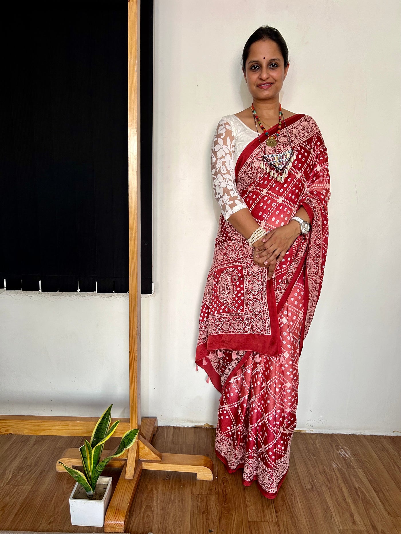 MILAN: Handmade Bandhani Modal Silk Saree With Thread Embroidery Work