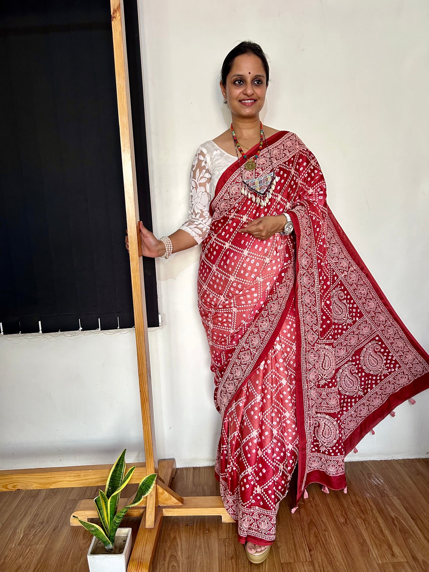 MILAN: Handmade Bandhani Modal Silk Saree With Thread Embroidery Work
