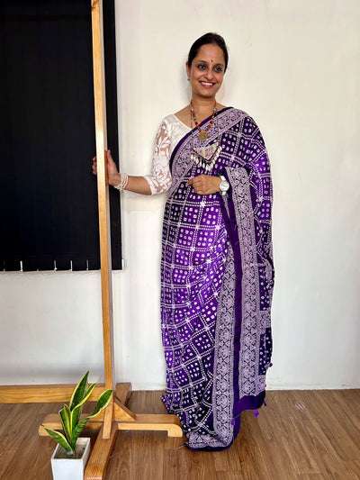 NIGHTINGALE : Handmade Bandhani Modal Silk Saree With Thread Embroidery Work