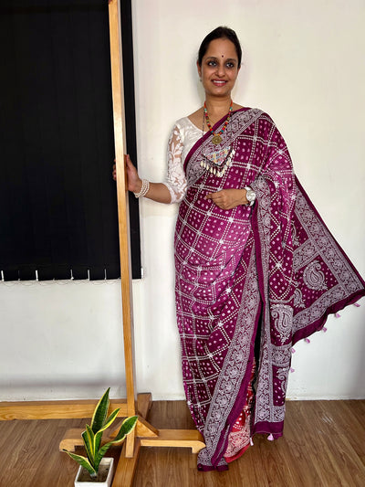 TRISHA: Handmade Bandhani Modal Silk Saree With Thread Embroidery Work