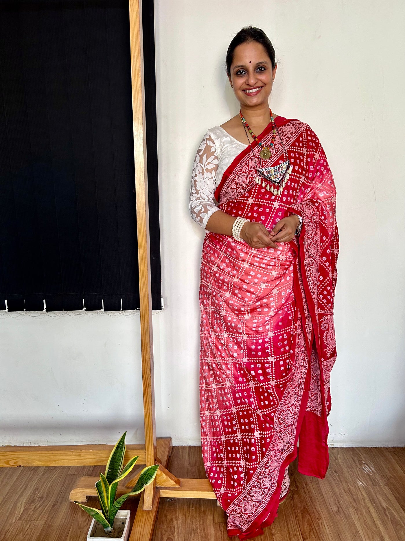SHRAVI: Handmade Bandhani Modal Silk Saree With Thread Embroidery Work