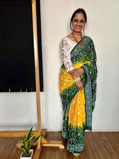 RIMJHIM: Handmade Bandhani Modal Silk Saree With Thread Embroidery Work