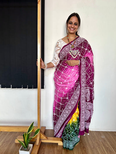 BULBUL : Handmade Bandhani Modal Silk Saree With Thread Embroidery Work
