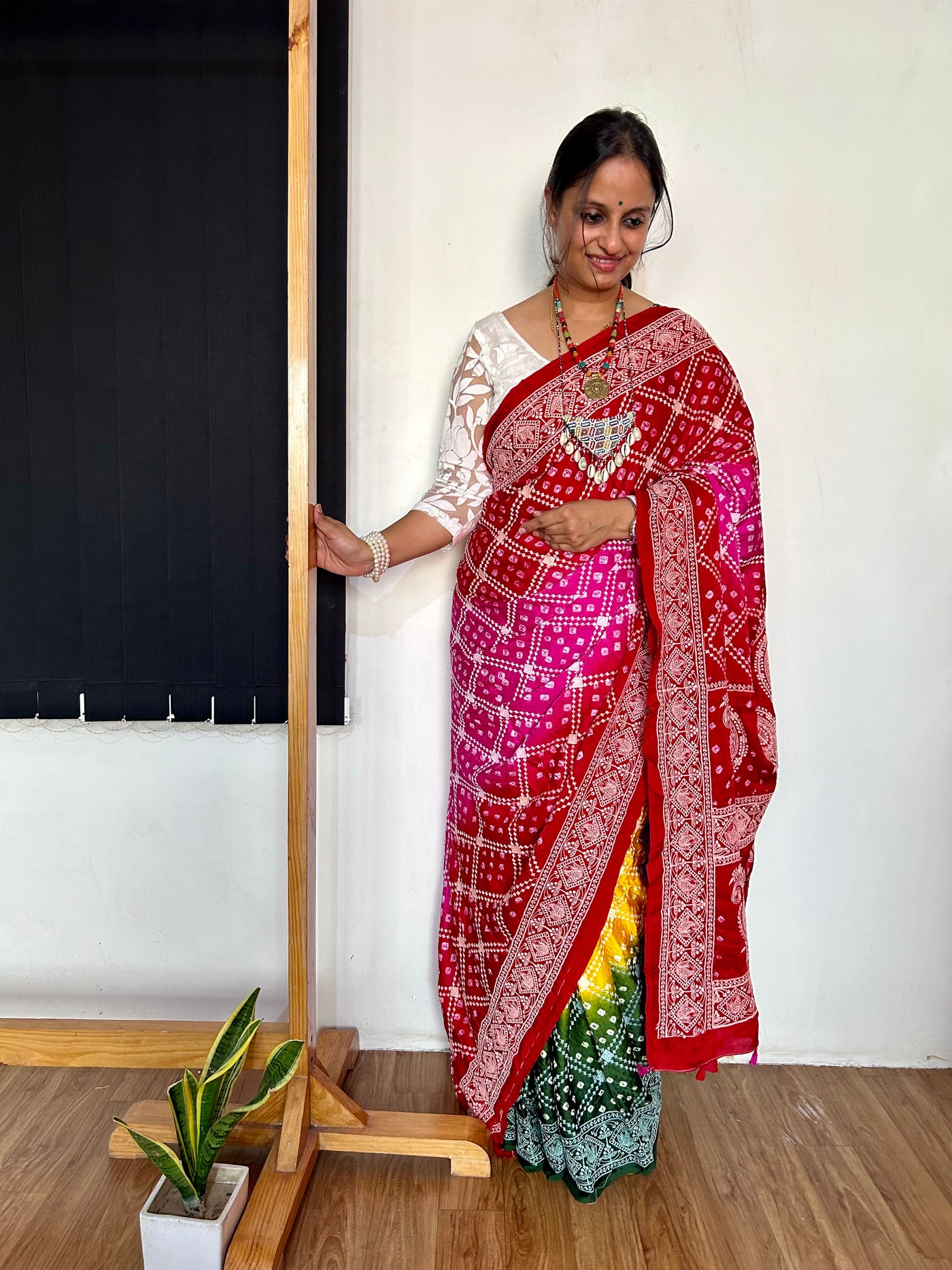 PARIJAT: Handmade Bandhani Modal Silk Saree With Thread Embroidery Work