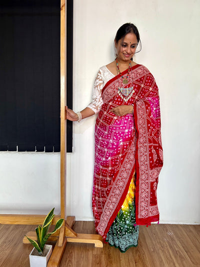 PARIJAT: Handmade Bandhani Modal Silk Saree With Thread Embroidery Work