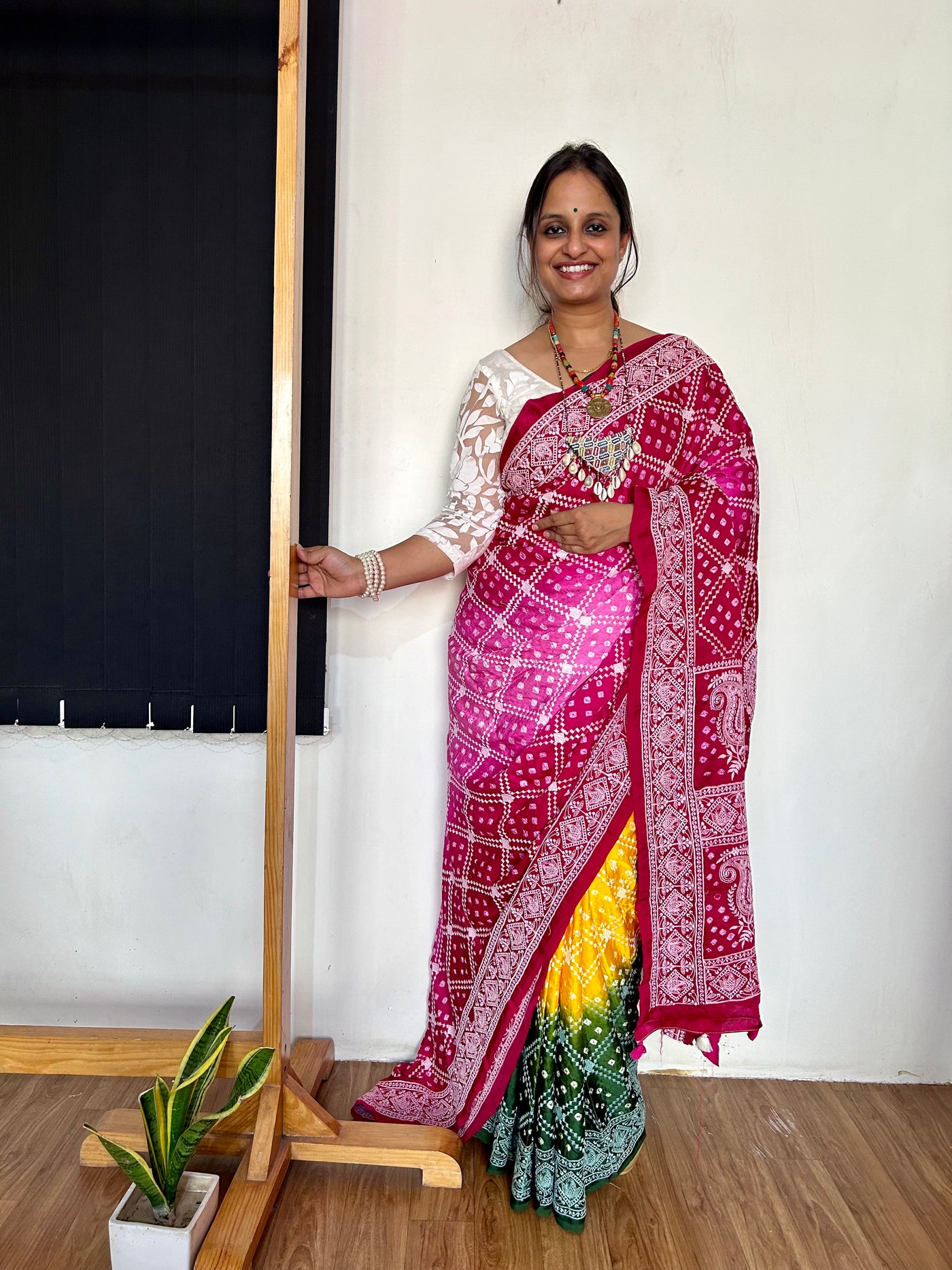 SAANJH: Handmade Bandhani Modal Silk Saree With Thread Embroidery Work