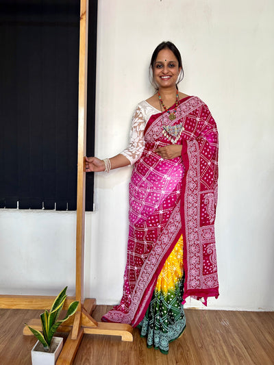 SAANJH: Handmade Bandhani Modal Silk Saree With Thread Embroidery Work