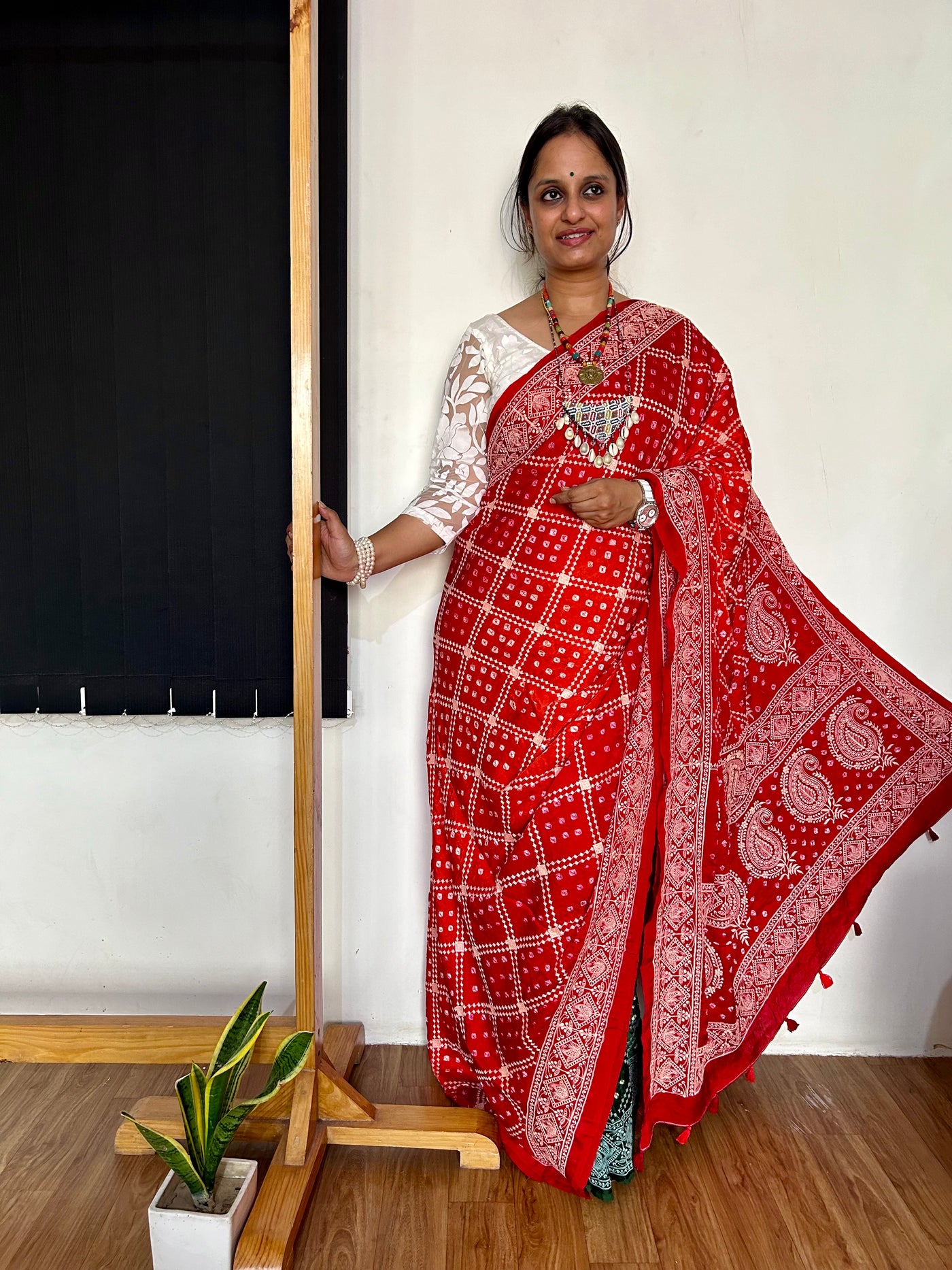 KUSUM: Handmade Bandhani Modal Silk Saree With Thread Embroidery Work