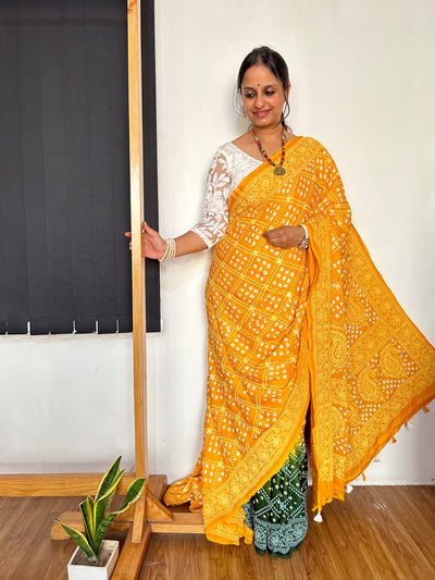 KISHORI: Handmade Bandhani Modal Silk Saree With Thread Embroidery Work