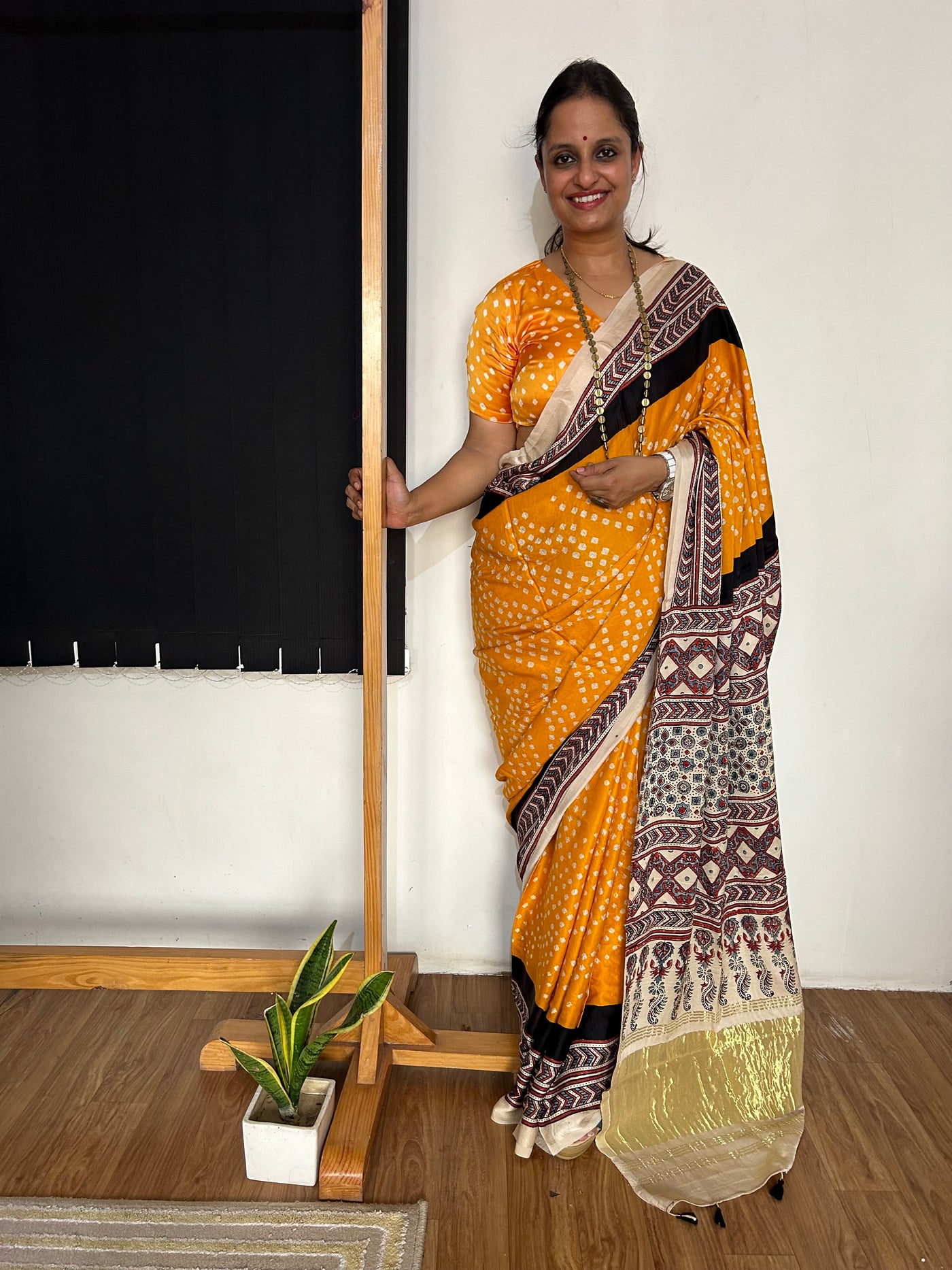 DAMYANTI -HANDMADE BANDHANI AJRAKH MODAL SILK SAREE WITH TISSUE PALLU