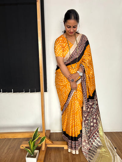 DAMYANTI -HANDMADE BANDHANI AJRAKH MODAL SILK SAREE WITH TISSUE PALLU