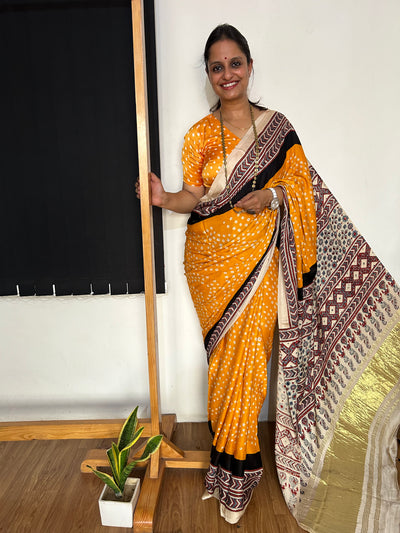 DAMYANTI -HANDMADE BANDHANI AJRAKH MODAL SILK SAREE WITH TISSUE PALLU