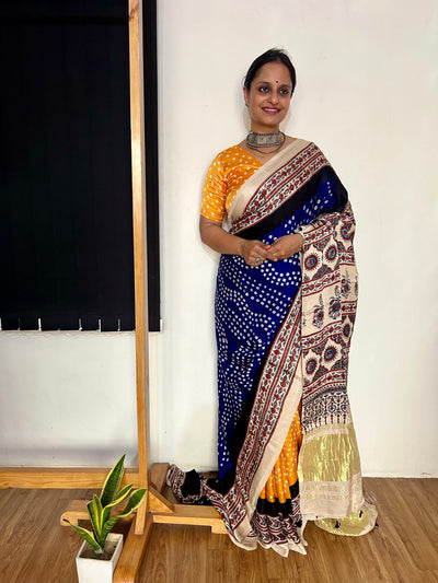 KAHANI : HANDMADE BANDHANI AJRAKH MODAL SILK SAREE WITH TISSUE PALLU