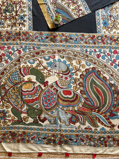 MAYURA:BLACK,HANDDRAWN&HANDPAINTED CHENNUR SILK PENKALAMKARI SAREE