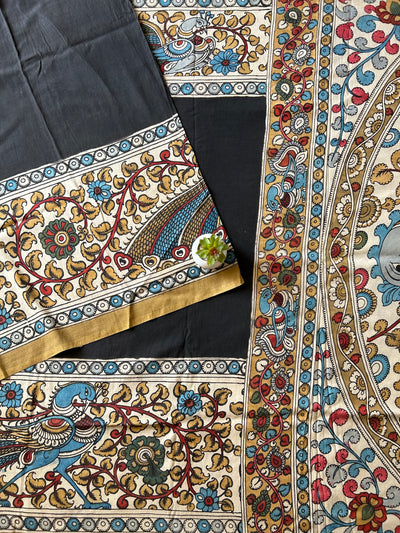 MAYURA:BLACK,HANDDRAWN&HANDPAINTED CHENNUR SILK PENKALAMKARI SAREE