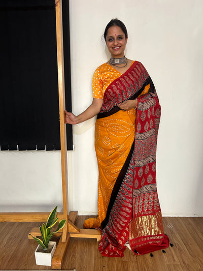 AABHA : HANDMADE BANDHANI AJRAKH MODAL SILK SAREE WITH TISSUE PALLU