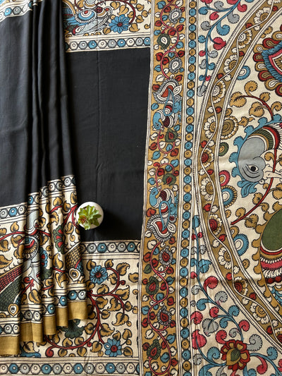 MAYURA:BLACK,HANDDRAWN&HANDPAINTED CHENNUR SILK PENKALAMKARI SAREE