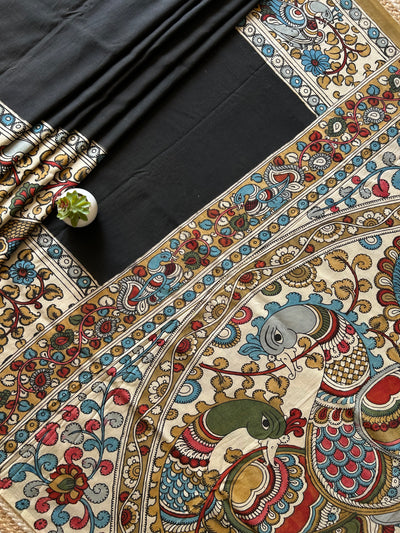 MAYURA:BLACK,HANDDRAWN&HANDPAINTED CHENNUR SILK PENKALAMKARI SAREE