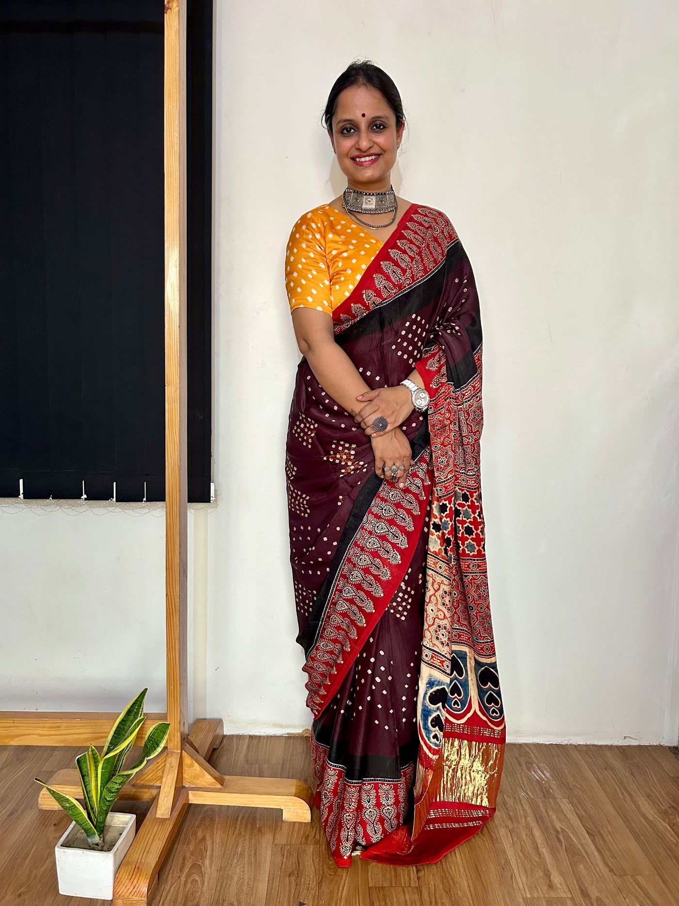 APPORVA: HANDMADE AJRAKH BANDHEJ MODAL SILK SAREE