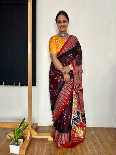 APPORVA: HANDMADE AJRAKH BANDHEJ MODAL SILK SAREE