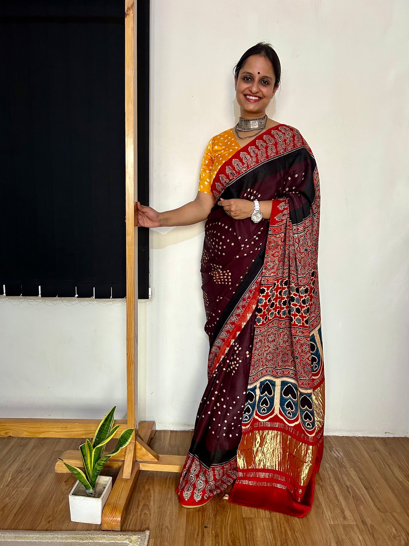 APPORVA: HANDMADE AJRAKH BANDHEJ MODAL SILK SAREE