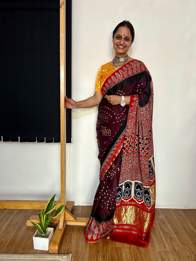 APPORVA: HANDMADE AJRAKH BANDHEJ MODAL SILK SAREE