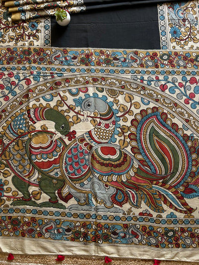 MAYURA:BLACK,HANDDRAWN&HANDPAINTED CHENNUR SILK PENKALAMKARI SAREE