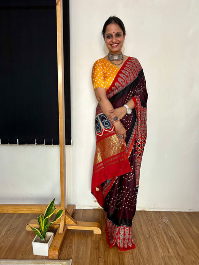 APPORVA: HANDMADE AJRAKH BANDHEJ MODAL SILK SAREE