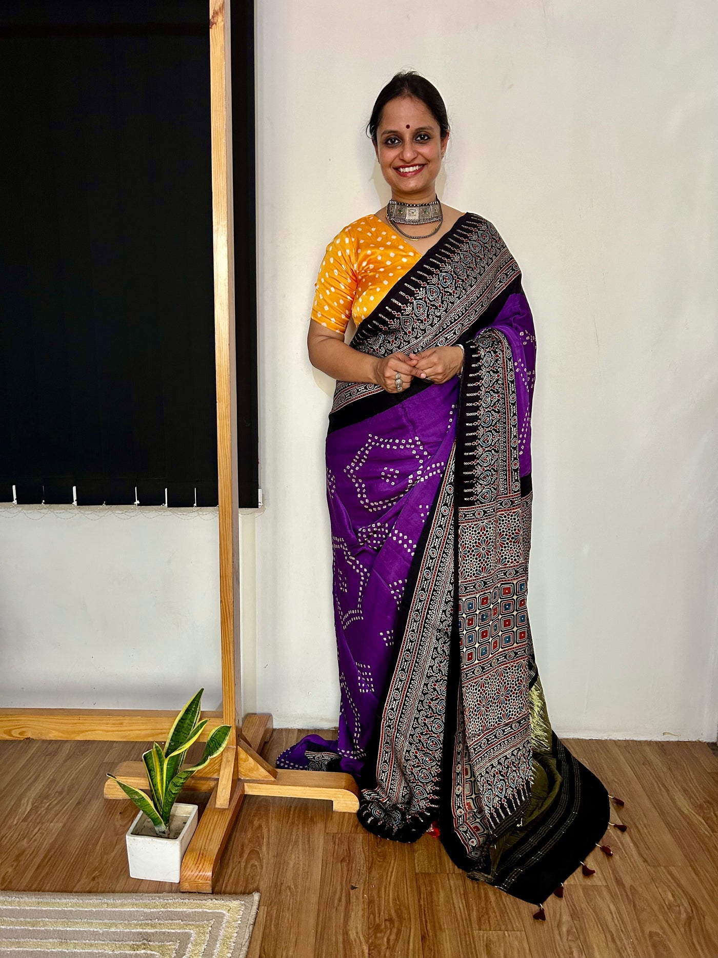 MANJULA-  HANDMADE BANDHANI AJRAKH MODAL SILK SAREE WITH TISSUE PALLU