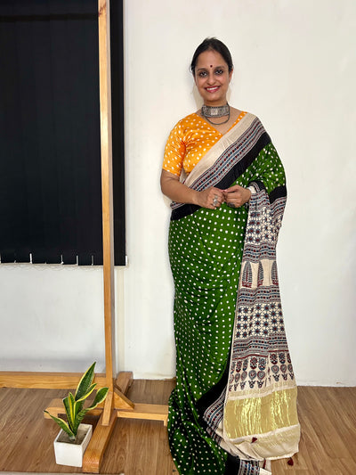 INDRANI: HANDMADE AJRAKH BANDHEJ MODAL SILK SAREE