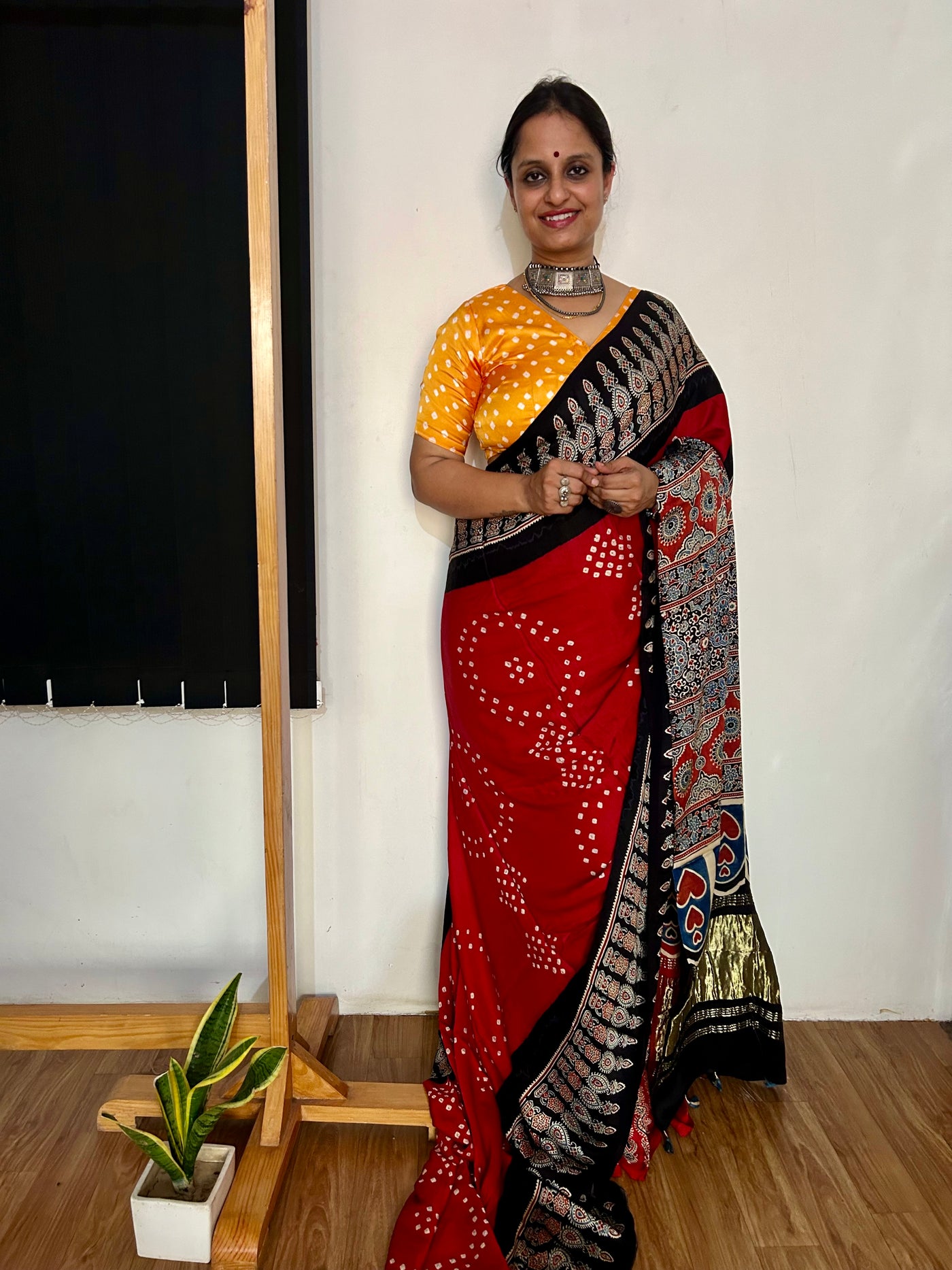 TANUJA: HANDMADE AJRAKH BANDHEJ MODAL SILK SAREE
