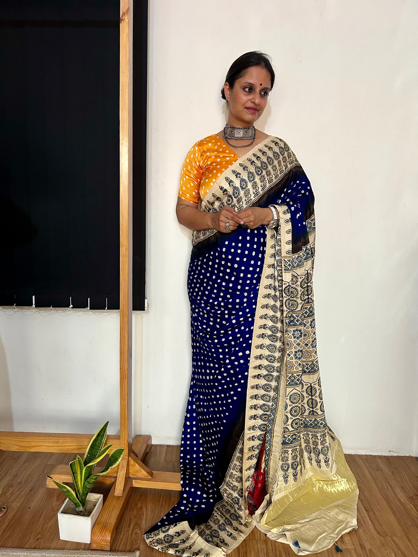AAKRUTI : HANDMADE BANDHANI AJRAKH MODAL SILK SAREE WITH TISSUE PALLU
