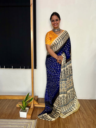 AAKRUTI : HANDMADE BANDHANI AJRAKH MODAL SILK SAREE WITH TISSUE PALLU